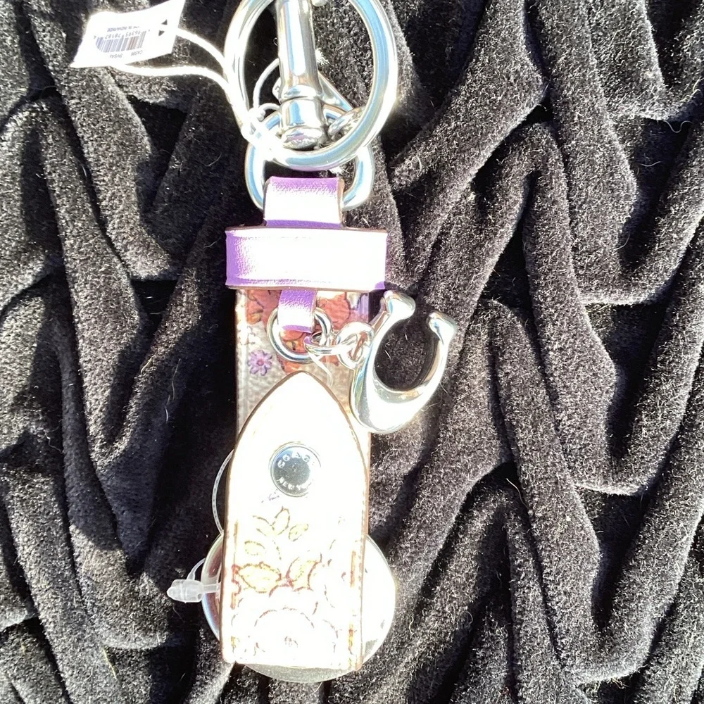 NWT Coach Trigger Snap Key Ring Bag Charm Purple and Floral Print